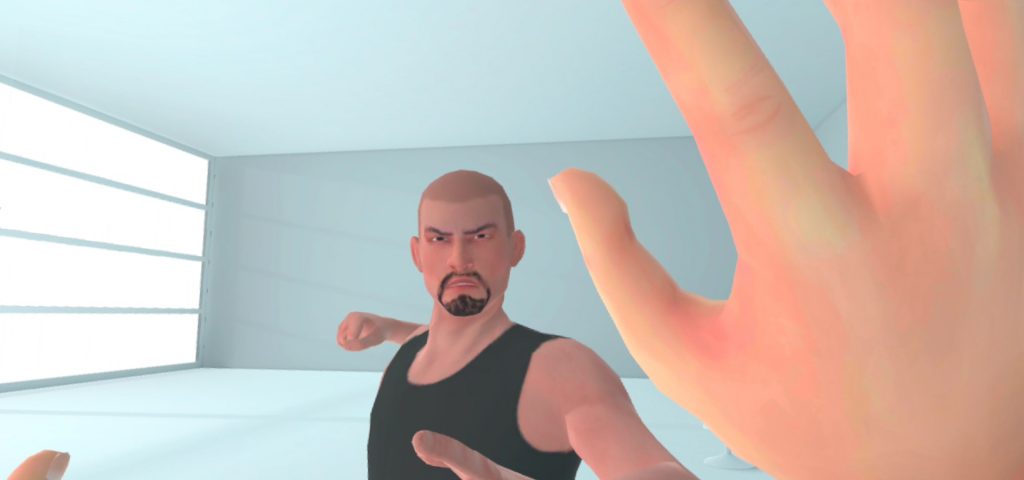 SkillsVR conflict management training screenshot, man threatening to punch